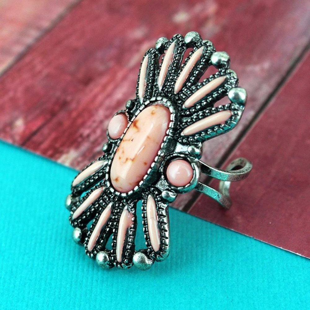 PINK BEADED BURNISHED SILVERTONE RING
